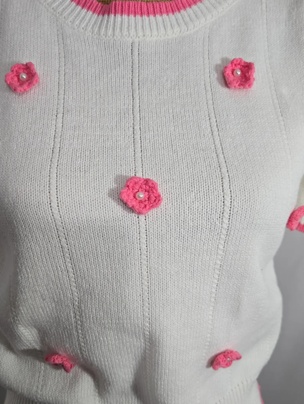 Betsey Johnson Cream Knit Top with Pink Flower Appliqués